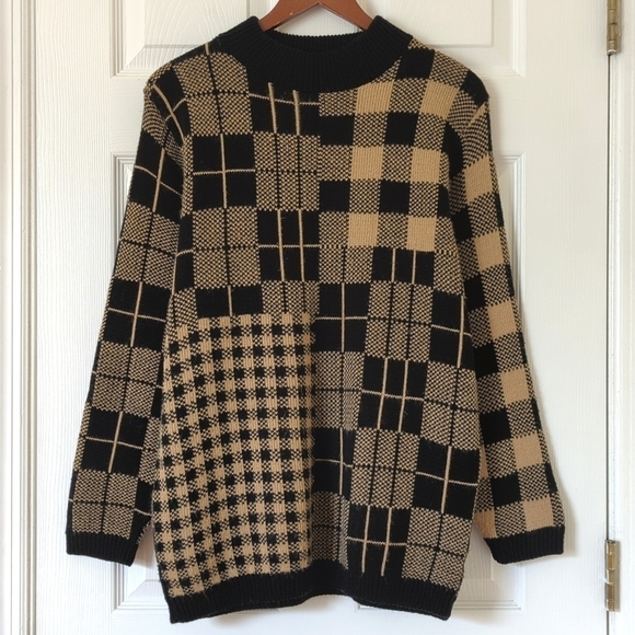 Alfred Dunner Sweaters - Alfred Dunner 80's Vintage Multi Plaid Chunky Knit Mock Neck Sweater Black Tan M